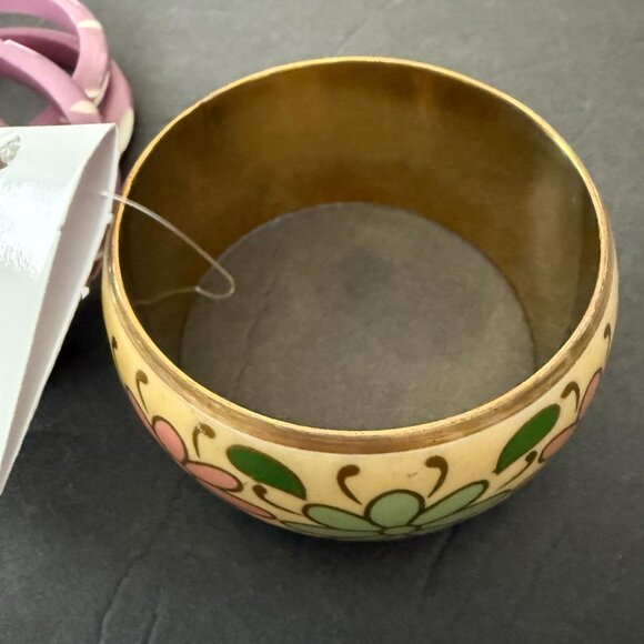 NWT Fantasia India Floral Yellow Purple Bangles Hand Painted Carved Set of 5 - Picture 7 of 10